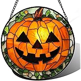 JOSUMALY Stained Glass Window Hanging, Halloween Decorations Evil Pumpkin Suncatcher for Doors Garden Indoor Spooky Funny Orange Sun Catchers Gothic Decor Horror Gifts for Women Men Friend 11.8 in
