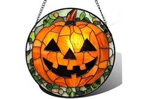 JOSUMALY Stained Glass Window Hanging, Halloween Decorations Evil Pumpkin Suncatcher for Doors Garden Indoor Spooky Funny Orange Sun Catchers Gothic Decor Horror Gifts for Women Men Friend 6.3 in