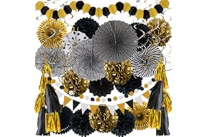 ZERODECO Party Decorations, 41 Pcs Black and Gold Papar Fans Pompoms Garlands String Tissue Paper Tassel for Graduation Congrats Grad New Years Wedding Birthday Party