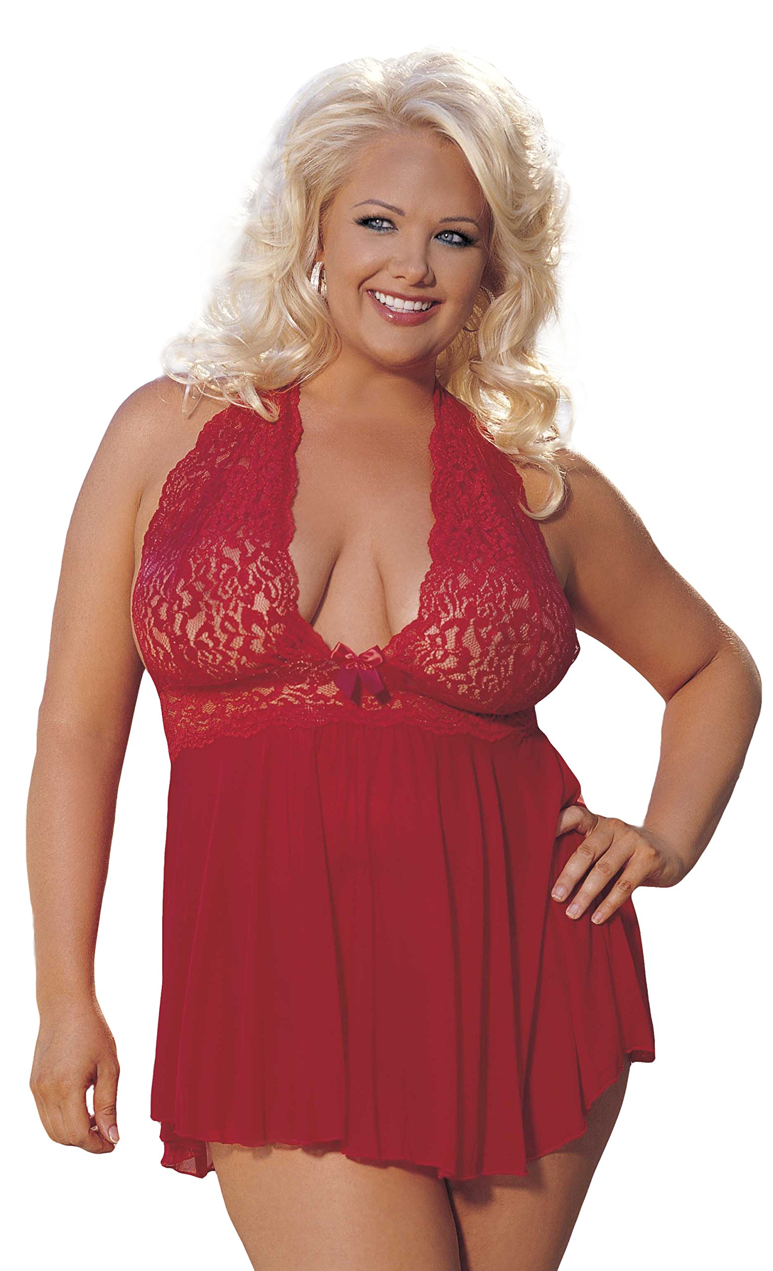 Shirley of Hollywood Stretch Lace Halter Babydoll with Matching G-String, Number 96164, Queen Size, Red