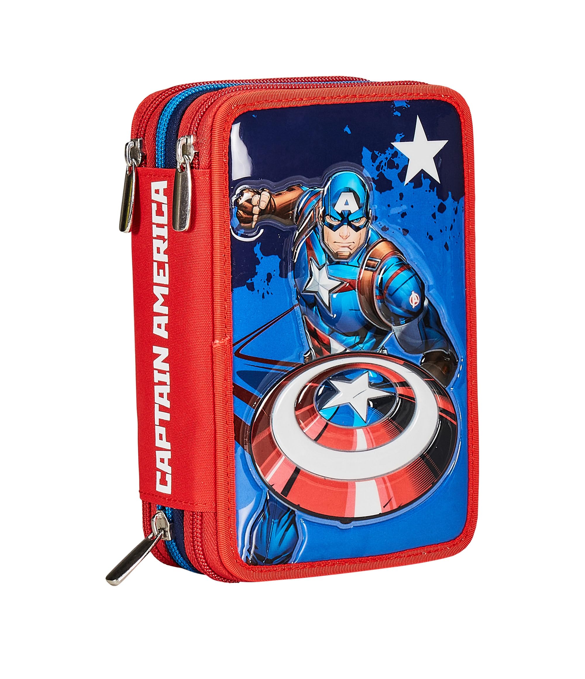 SEVEN Disney Captain America Legend Avange Pencil Case with 3 Compartments, Blue Red – Multi Compartment Pencil Case with Pencils, Pens and Colours, Accessories Backpack, School Backpack – Children's