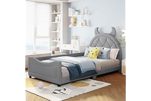 Favfurish Twin Size Teddy Fleece Daybed with OX Horn Shaped Headboard and Durable Wood Frame,Children's Bedroom Upholstered Sofa Bed,for Kids Teens Boys Girls (Gray)