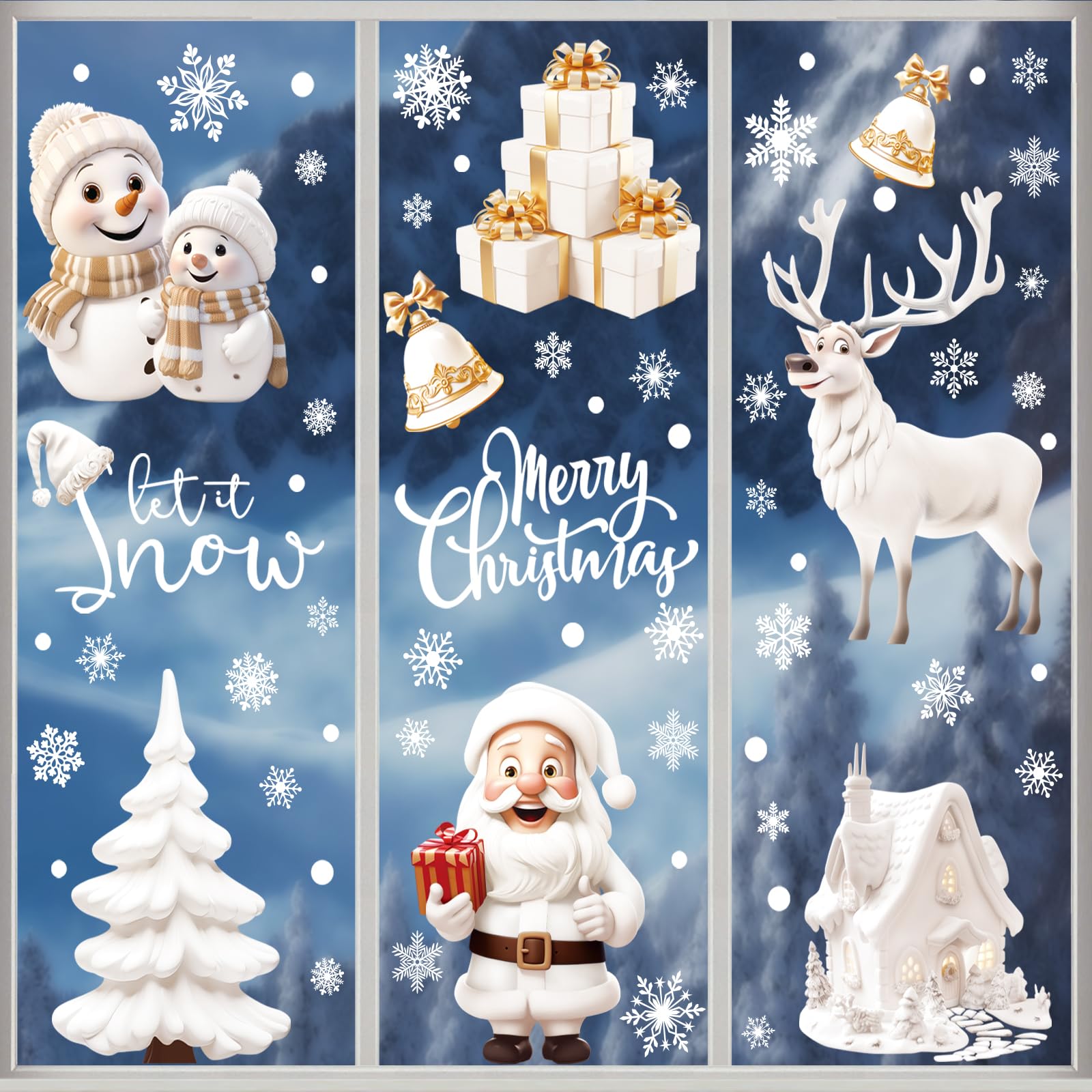 AMLOOPH Christmas Window Stickers, 8 Sheets White Santa Claus Xmas Window Clings Christmas Window Decorations, Reusable Snowflake Window Stickers Christmas Scene for Christmas Decorations Indoor