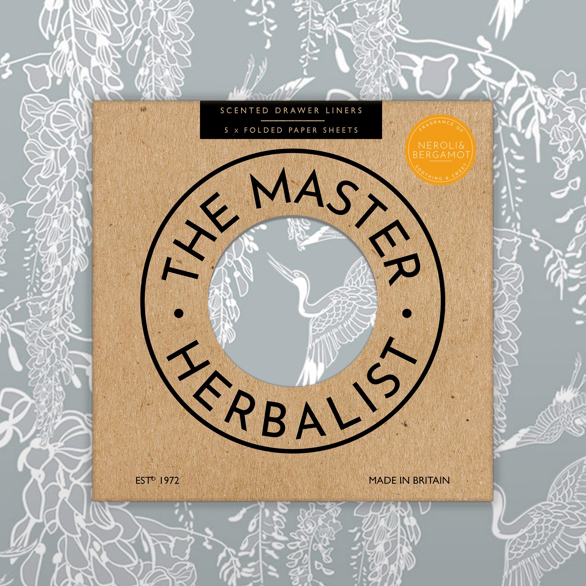 The Master Herbalist Fragrant Scented Drawer Liners in a Classical Heron Design (Folded) | Pack of 5 Sheets | Contains Essential Oils | Made in The UK (Neroli & Bergamot, 42W x 60L cm)