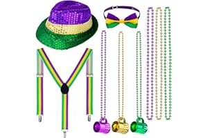 HOMGATY Mardi Gras Accessories Set, 9 Pack Mardi Gras Costumes with 3 Mardi Gras Mug Shot Glass Beads, 3 Mardi Gras Beads Necklace, 1 Mardi Gras Sequin Hat, 1 Mardi Gras Suspender, 1 Bowknot Bowtie
