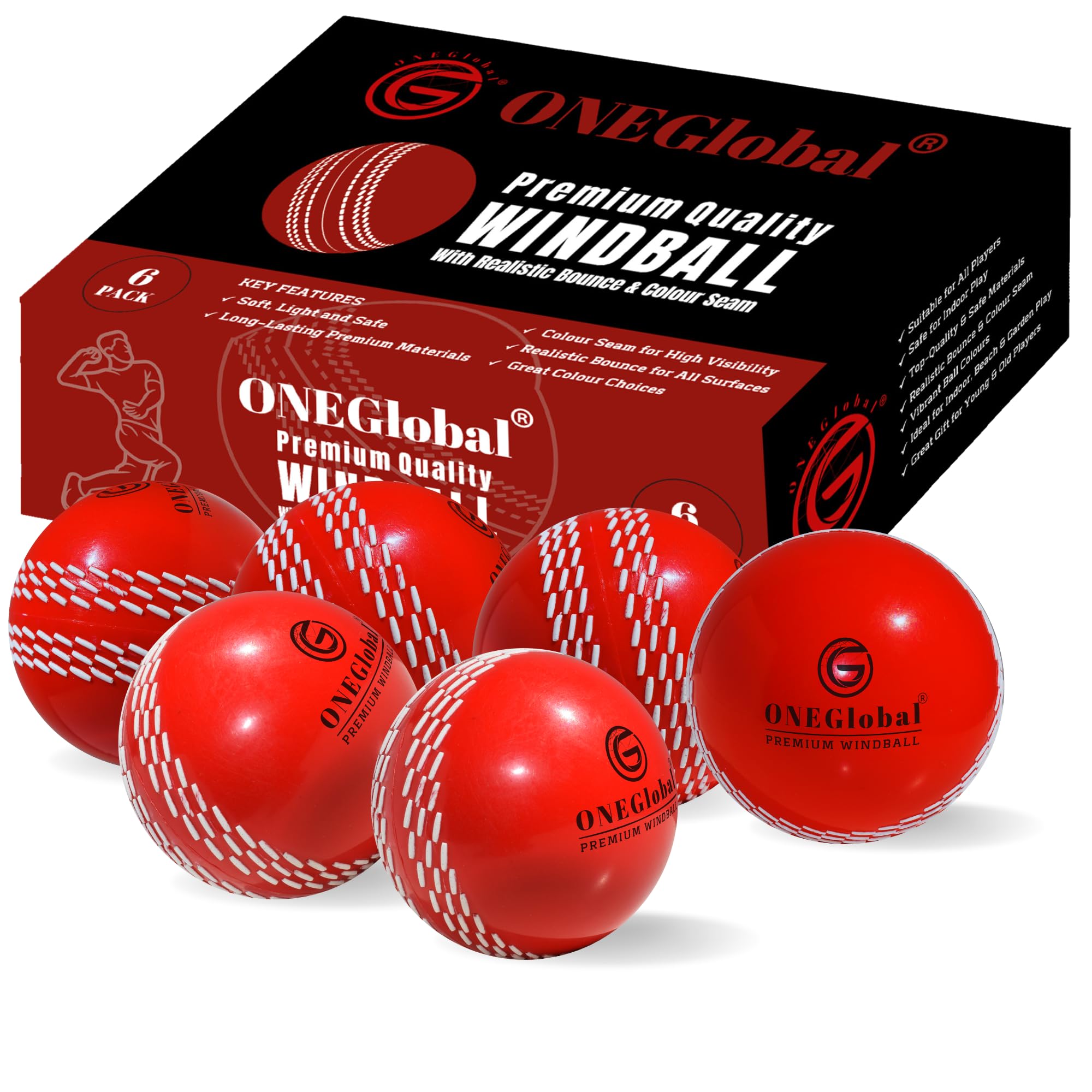 ONEGlobal Premium Windball Soft Cricket Ball | Durable & Safe, Colour Seam, True Bounce & Swing | Wind Ball for Outdoor & Indoor Practice, Coaching, Garden & Beach Games (6-Red) — image 1
