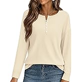 KIRUNDO Oversized Waffle Knit Tops for Women 2025 Fall Long Sleeve Henley Shirts Casual Blouse Deco Button Fashion Clothing