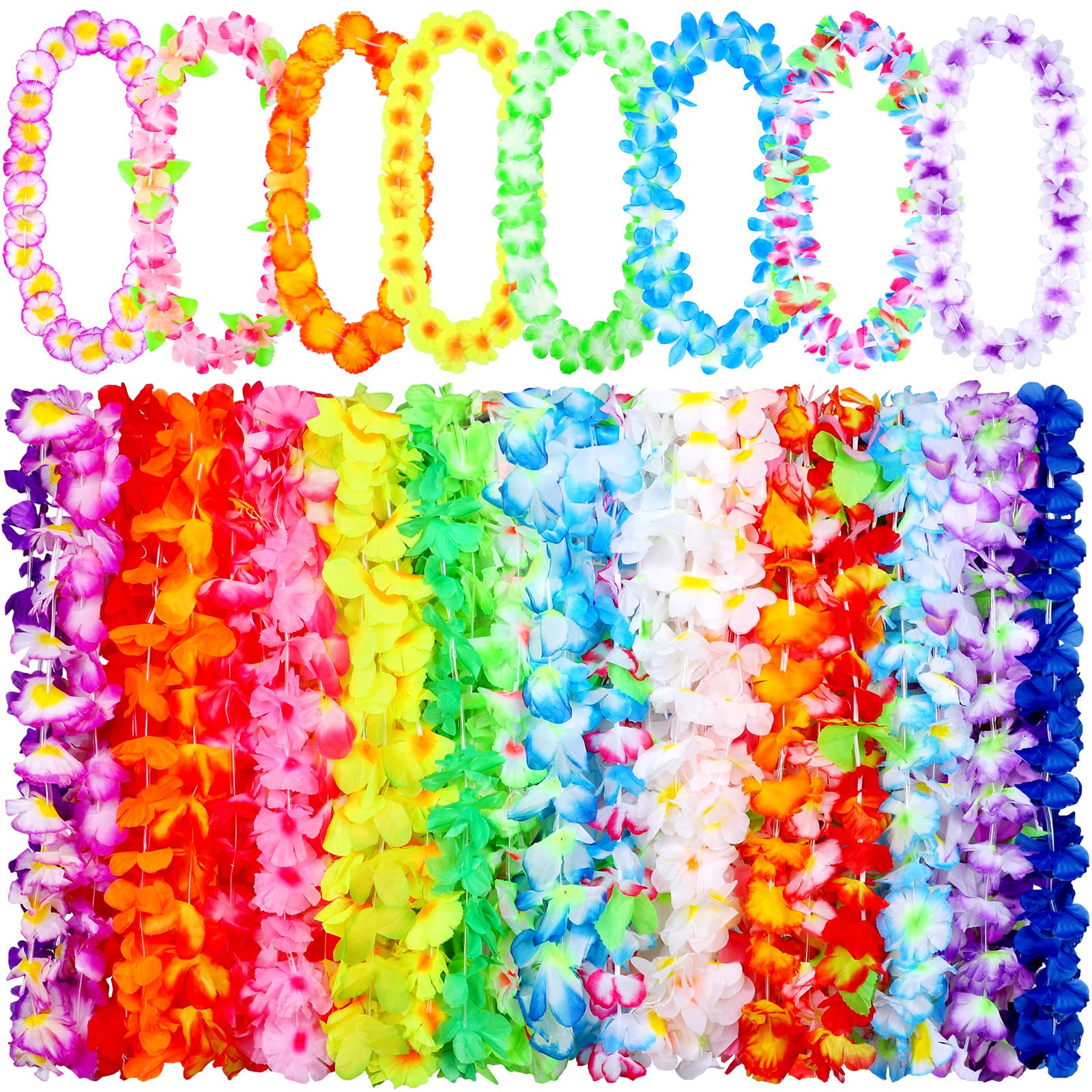 Elcoho 48 Pieces Hawaiian Leis Bulk Colorful Tropical Flower Garland Hawaiian Leis Necklace Beach Luau Party Supplies for Adults Summer Birthday Party Decorations