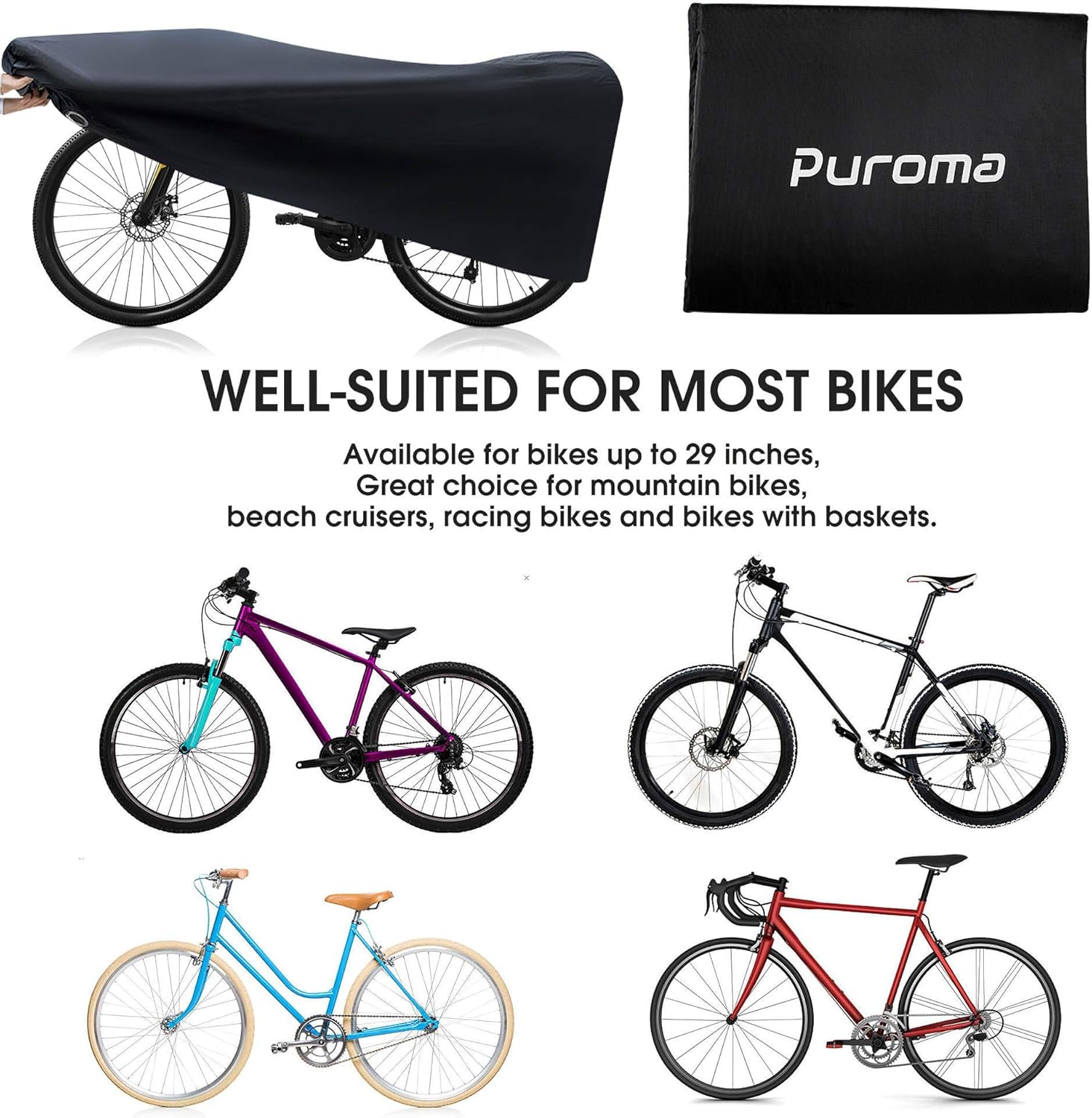 Puroma Bike Cover, 210D Outdoor Waterproof Bicycle Covers Rain Sun UV Dust Wind Proof with Lock Hole, Ideal for Mountain Road Electric Bike, XL(Black) : Sports & Outdoors