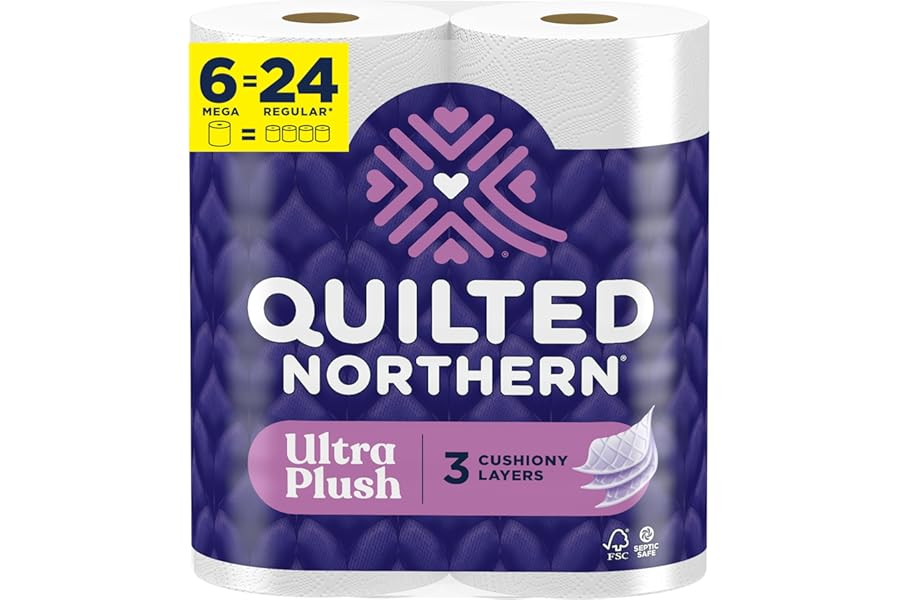 Quilted Northern Ultra Plush Toilet Paper, 6 Mega Rolls = 24 Regular Rolls, 3X Thicker*, 3 Ply Soft Toilet Tissue | 3X Thicker*, Ultra Soft