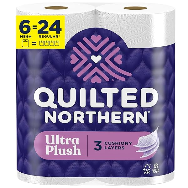 QUILTED NORTHERN ULTRA PLUSH TOILET PAPER, 6 MEGA ROLLS = 24 REGULAR ROLLS, 3X THICKER*, 3 PLY SOFT TOILET TISSUE