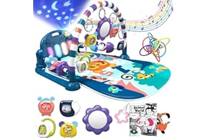ESOLOM Baby Play Mat, Tummy Time Activity Mat Toys, Lovely Piano Baby Play Gym with 7 Infant Sensory Baby Toys, Baby Floor Play Mat for Newborn Baby 0-3-6-9-12 Months for Boys (Blue)