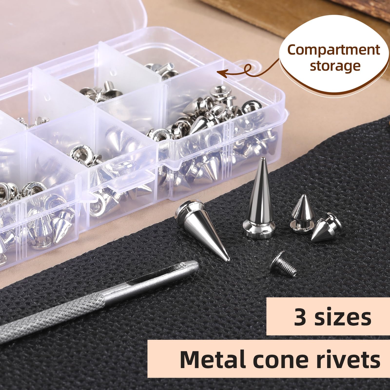 180 Pieces Multiple Sizes Cone Spikes, Screwback Studs Rivets, 3 Sizes Metal Tree Spikes Studs for Punk Style Clothing Accessories DIY Craft Decoration (Silver)