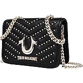 True Religion Crossbody Bag, Horseshoe Multi Stud Flap Purse with Chain Strap, Quilted Chevron Design and Gold Hardware