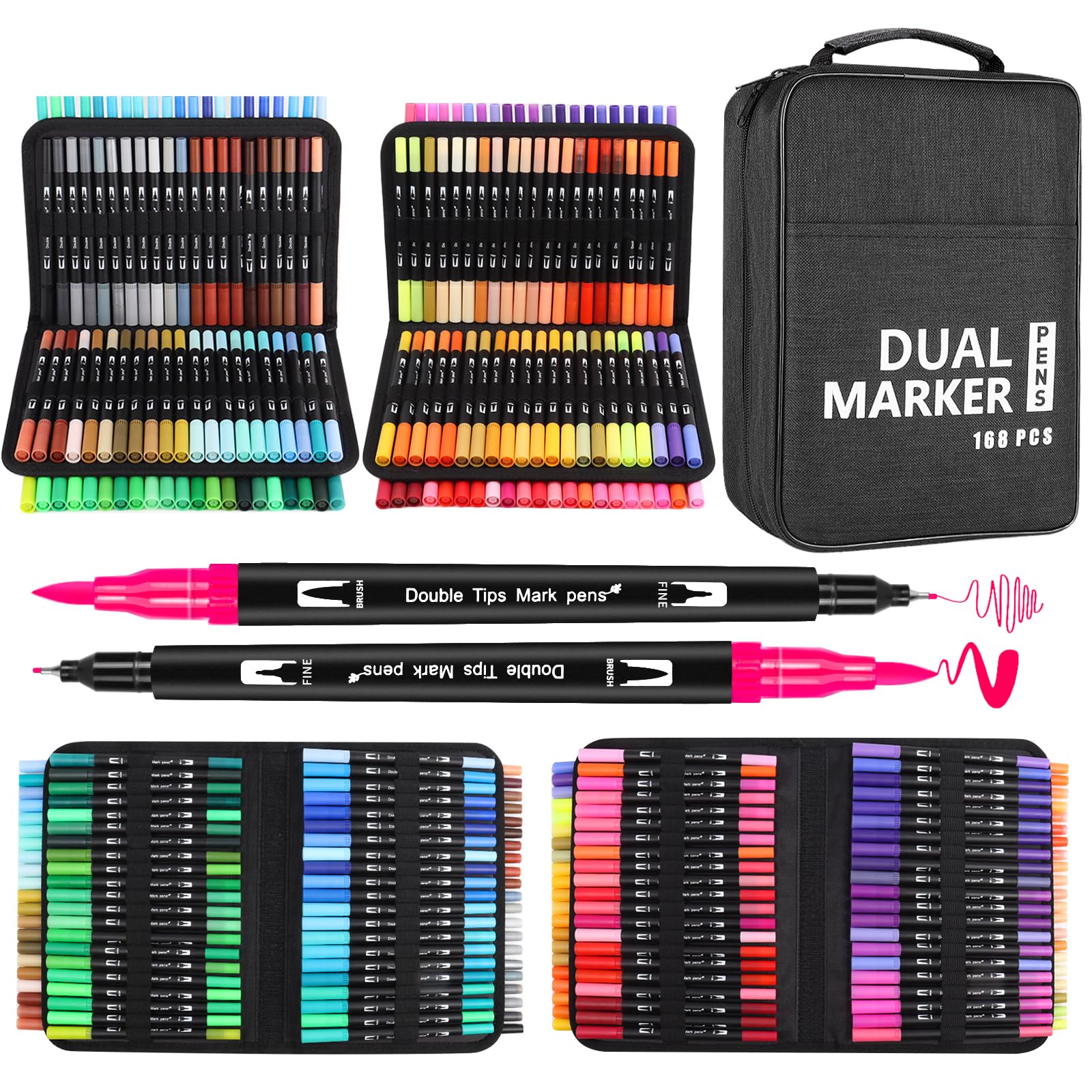 GPLMQ Brush Pen Set, 168 Felt Tip Pens Double-Sided Brush Pens Watercolour Marker Fineliner Set for Calligraphy Hand Lettering Manga Journal Art Supplies, Felt Pens Thick and Thin for Adults
