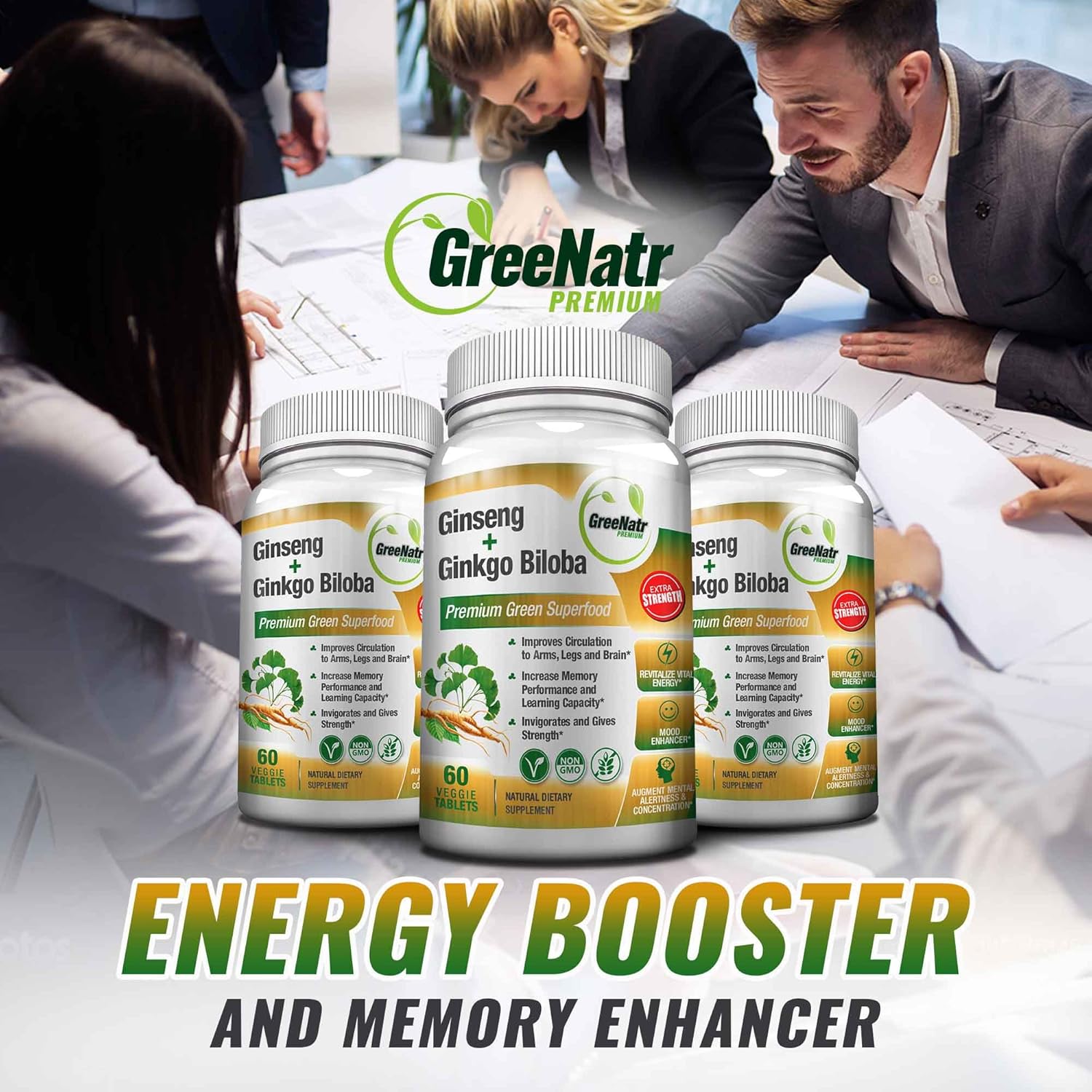 Panax Ginseng + Ginkgo Biloba Tablets – Premium Non-GMO/Veggie Superfood – Traditional Energy Booster and Brain Sharpener – Unique Twin Supplement Combines Ginseng and Ginkgo Biloba (3 Pack): Health & Personal Care