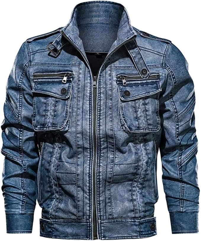Men's Jean Coat Long Sleeve Lapel Collar Denim Vintage Zipper Jacket