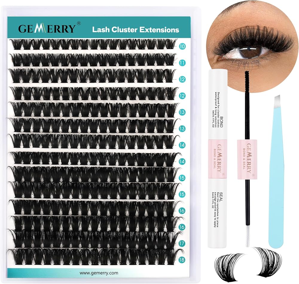 GEMERRY DIY Cluster Eyelash Extensions Kit 280 Pcs 0.07D 10-18 Mix for Beginners