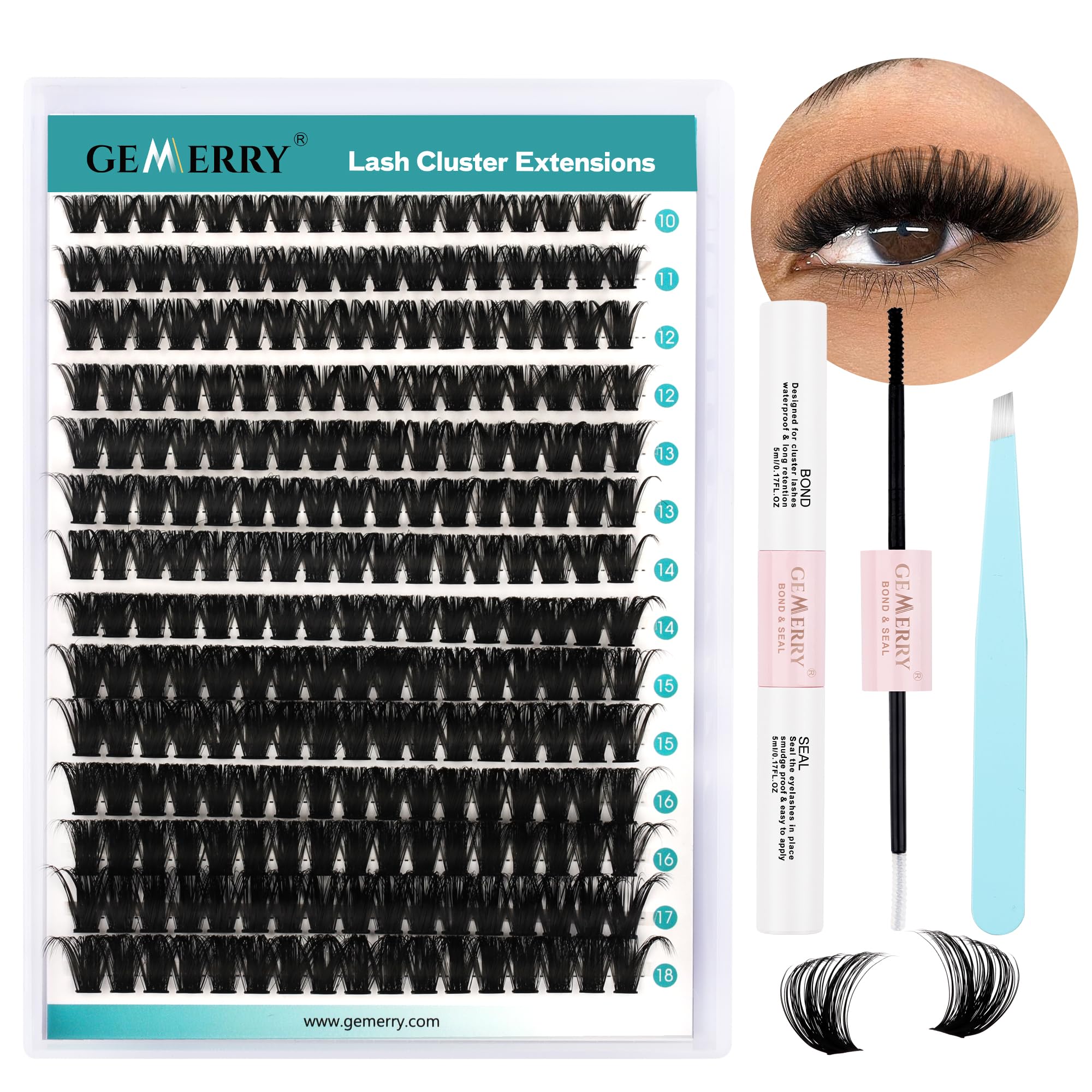 GEMERRY DIY Cluster Eyelash Extensions Kit with Lash Bond and Seal and Applicator for Beginners 280 PCS Individual Lash Cluster Kit 0.07D 10-18 Mix, DIY at Home (80D-0.07D,10-18MIX-KIT)
