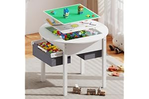 DOREROOM Kids Table with Storage, Wooden Kids Play Table with 2 Canvas Drawers, Round Toddler Activity Tables with Double Sided Desktop for Ages 3-8, Building Blocks, Toddler Desk for Bedroom/Nursery