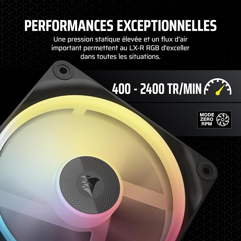 iCUE LINK LX120-R RGB 120mm PWM Ventilateur Inversés – Kit Triple Ventilateur – Faible Bruit, CORSAIR Palier à Dôme Magnétique, Double Boucle Lumineuse, Vis QuikTurn™, Mode Zéro RPM – Noir