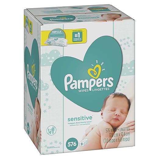 Pampers Sensitive Water-Based Baby Diaper Wipes, 9 Refill Packs for Dispenser Tub - Hypoallergenic and Unscented - 576 Count