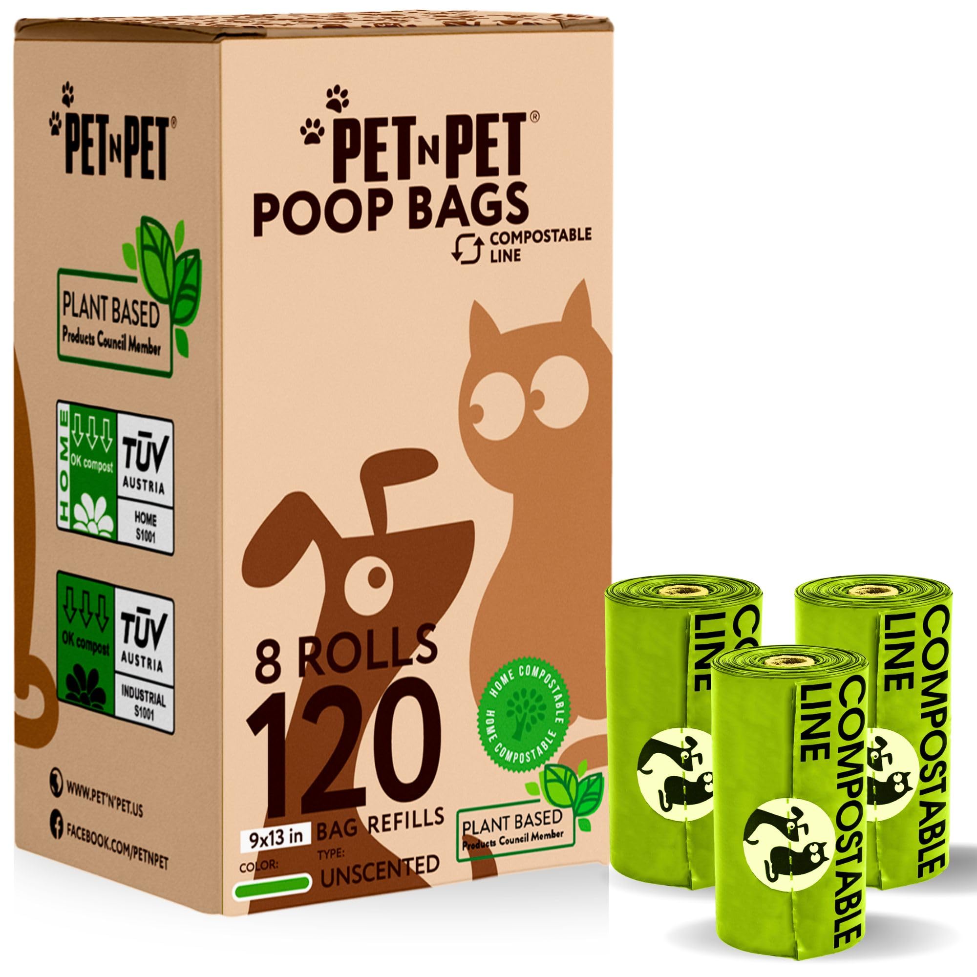 PET N PET Compostable Dog Poo Bags - Biodegradable and Plant Based, Thick and Leak Proof Dog Waste Bags Rolls, 120 Count