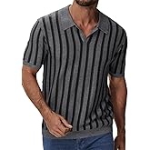 iWoo Men's Knit Polo Shirts Short Sleeve Casual Vintage Striped Golf Polo Classic Collared T Shirt