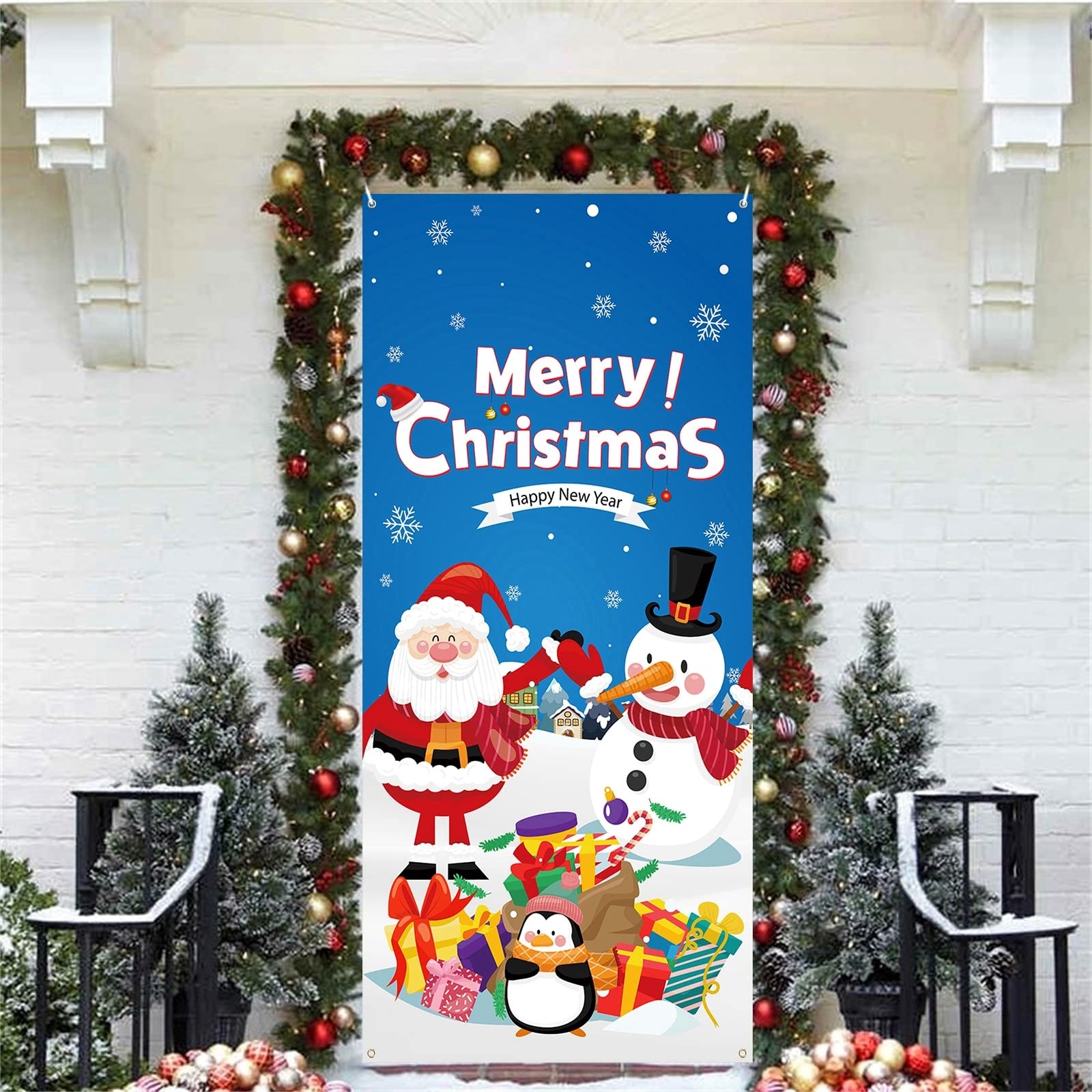 Christmas Door Banner Decorations, Blue Merry Christmas Door Cover with Cute Santa Claus Snowman, Happy New Year Door Sign Backdrop for Outdoor Winter Holiday Home Yard Garden Xmas Party Supplies