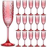 Remerry 16 Pcs Pink Plastic Champagne Flutes Vintage Champagne Glasses Bulk 5.5oz Mimosa Toasting Glasses Diamond Crystal Wine Cups Stemmed Reusable Drinking Cups for Christmas Winter New Years Party