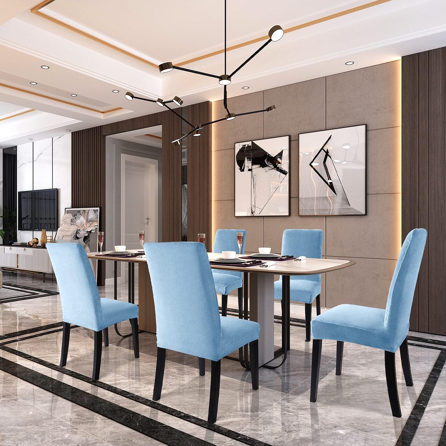 Velvet Chair Covers for Dining Room - Removable Dining Chair Slipcovers Set Elastic Washable Stretch Seat Slip Covers Spandex Parsons Chairs Protector Forros para Sillas de Comedor (Light Blue, 4): Kitchen & Dining