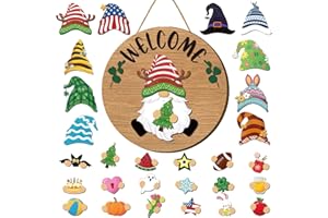 FairySandy 29 Pcs Christmas Interchangeable Wooden Gnome Decor Holiday Seasonal Gnome Decorations with Magnet Pieces and Detachable Hat Gnome Changeable Welcome Sign for Home(Classic Wood Color)