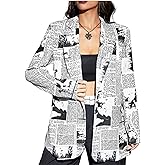 WDIRARA Women's Newspaper Print Single Button Blazer Lapel Collar Long Sleeve Work Office Jacket