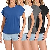 Dalavch 1/4 Pack Women Cap Sleeve Tops Crew Neck T Shirts Workout Loose Fit Summer Fall Outfits Tee