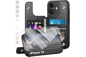 DJDUCK Compatible with iPhone 16 Case Wallet, Card Holder Case with [2 Screen Protectors] Folio Cover with [RFID Blocking Leather] Shockproof Women Men Cases 6.1" for Apple 16 Black