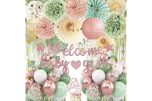 VZTIPKI Dusty Pink Sage Green Baby Shower Decorations - Welcome Baby Girl Banner, Retro Pink Green Rosegold Balloons, 'Oh Baby' Cake Topper, Pom Poms Flowers Paper Fan For Birthday Jungle Woodland Party