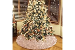 yuboo Rose Gold Christmas Tree Skirt, 48 Inch Sequin Glitter Rose Gold Pink Tree Mat for Rose Gold Christmas Ornaments and Decorations