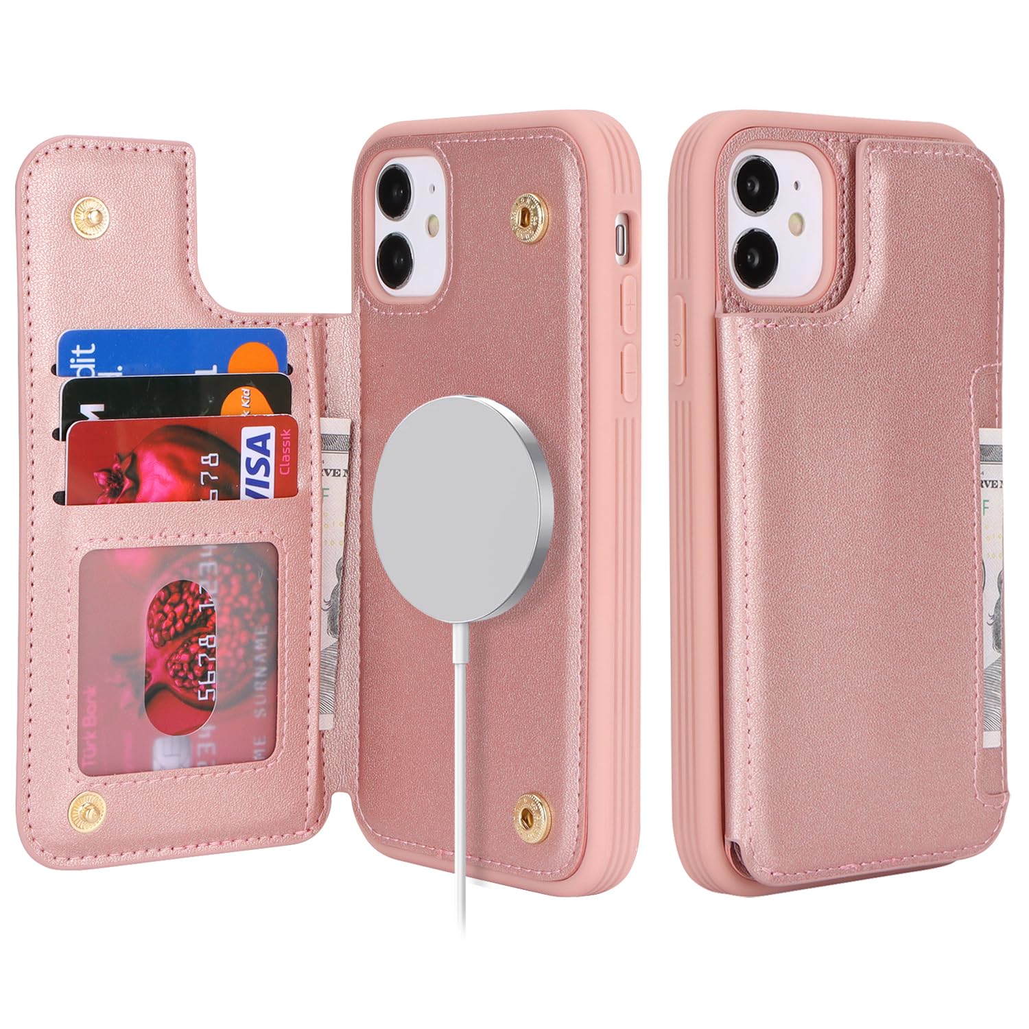 SailorTech for iPhone 11 Case with Credit Card Holder Magsafe, iPhone 11 Phone Leather Case for Women Compatible mag safe Card Slots Durable Shockproof Wallet Case - Rose Gold — image 1