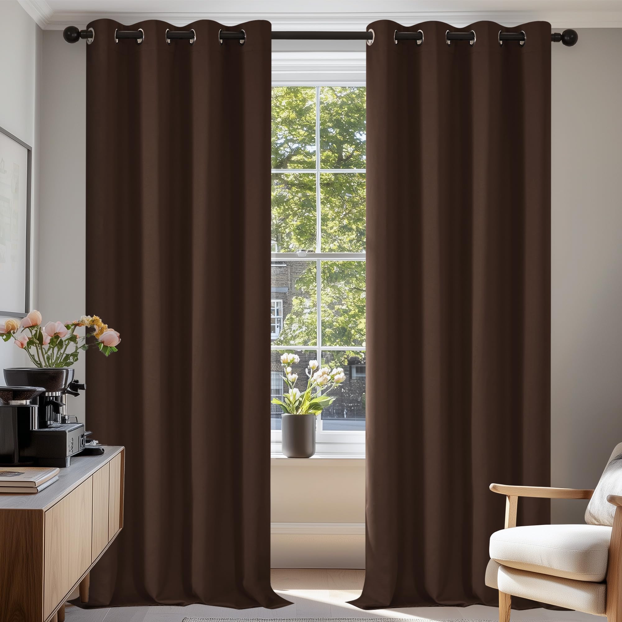 Deconovo Energy Saving Curtains Thermal Insulated Curtains Eyelet Blackout Curtains for Living Room Chocolate W55 x L82 One Pair