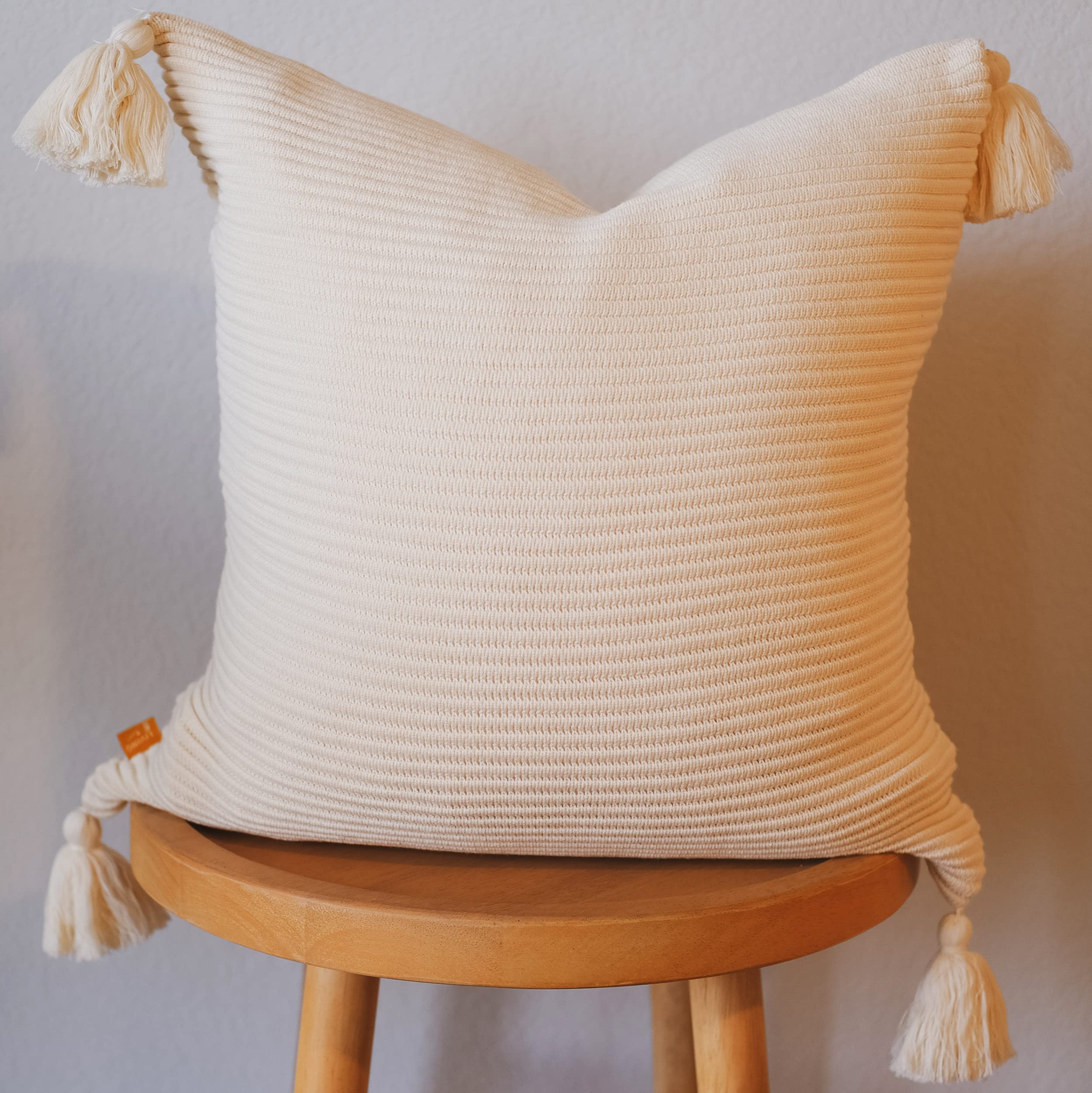 Photo 1 of Lumi Living Soft Cotton Throw Pillow Cover with Ribbed Knit Texture and Tassel Corners Decorative Accent for Couch or Bed (18x18, Butter Cream)