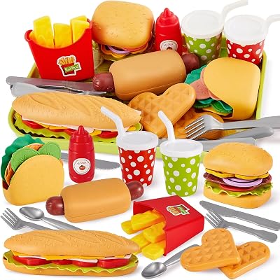 BUYGER Pretend Play Food Set for Kids Take Apart Hamburger Burgers with Tray