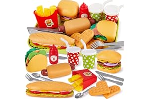 BUYGER Fast Food Play Food Toys for Kids Toddler Children Toy Kitchen Accessories Playset Plastic Toy Food Sets Pretend Play Gifts for 3 4 5+ Years Old