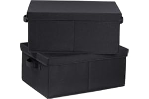 HOONEX Storage Bins with Lids for Organizing, Pack of 2, Storage Boxes with 2 Carrying Handles and Sturdy Heavy Cardboard, 16.5" L x 11.8" W x 7.5" H for Shoes, Books, Clothes, Black