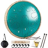 Steel Tongue Drum - HOPWELL 15 Note 14 Inch - Percussion Instrument - Hand Pan Drums with Music Book, Drum Mallets and Carry Bag, D Major, Malachite Green