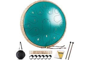 Steel Tongue Drum - HOPWELL 15 Note 14 Inch - Percussion Instrument - Hand Pan Drums with Music Book, Drum Mallets and Carry Bag, D Major, Malachite Green