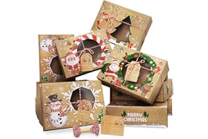 RINOLY Christmas Cookie Boxes for Gift Giving,12 Pack Cookie Boxes with Window, Christmas Cookies Tins with Lid for Gift Giving, Holiday Treat Box Containers with Ribbon Tags for Xmas Party Supplies
