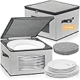 China Storage Containers, 12 Inch Dinner Plate Dish Storage Containers, Hard Shell Quilted Dinnerware Storage Box Case with Lids and Felt Protectors for Dishes Plates Storage and Moving (Light Grey)