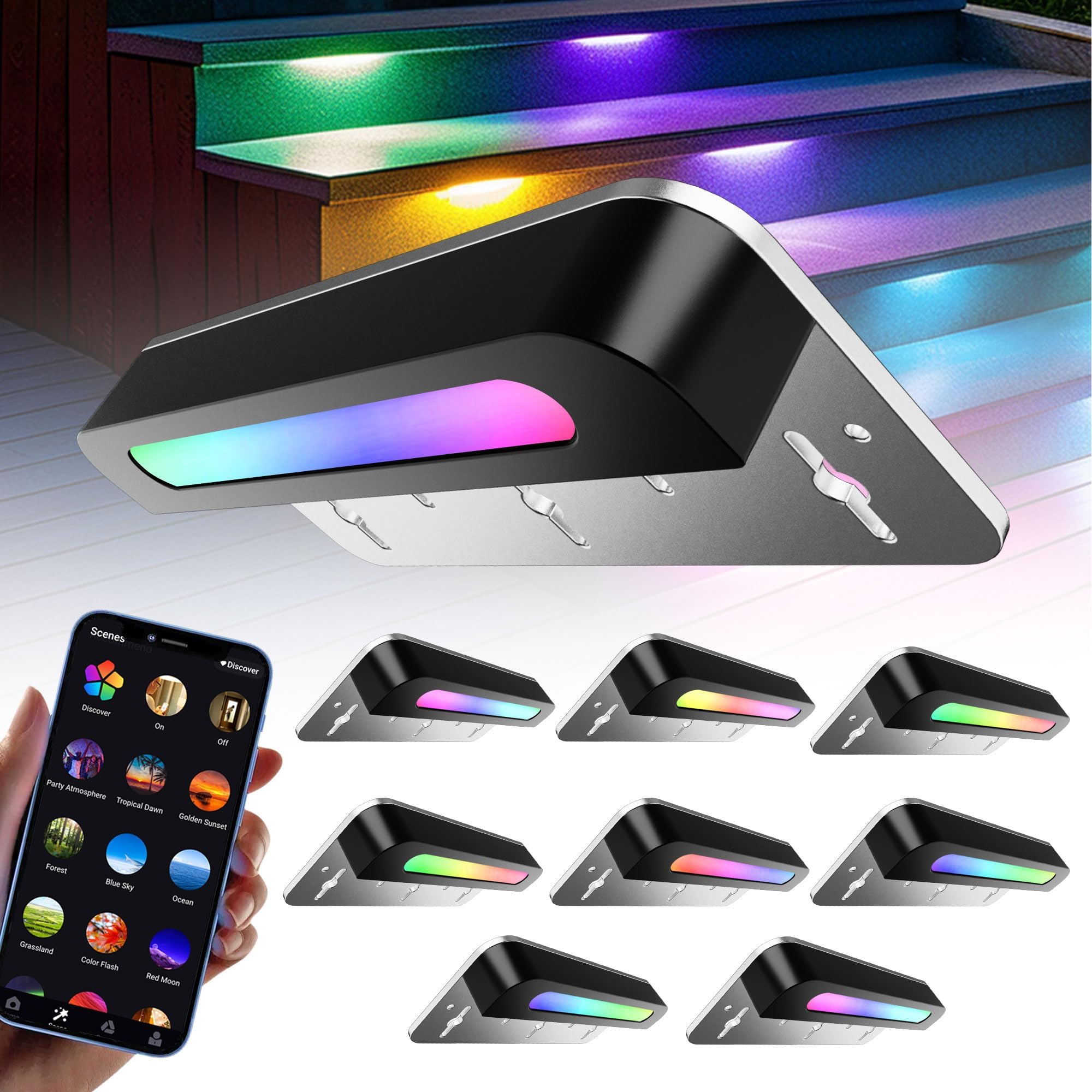 Photo 1 of SLARY 8 Pack 7 inch RGB LED Hardscape Lighting Step Lights Retaining Wall Lights with Color Changing & Warm White Mode Low Voltage Landscape Paver Lights Waterproof Deck Lights for Outside Stairs Yard