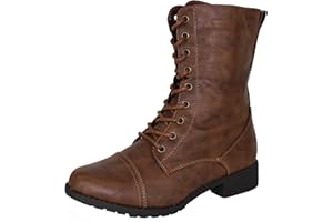 Forever Link Womens Round Toe Military Lace up Knit Ankle Cuff Low Heel Combat Boots