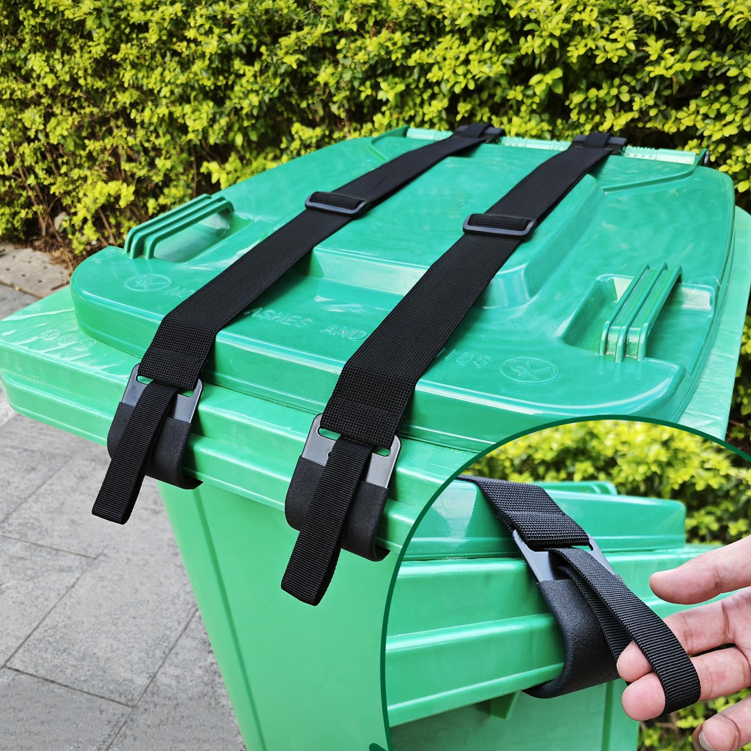 Photo 1 of GripHandle Metal Double-Claw Trash Can Lid Lock Strap for Animals,Bungee Cord with Hooks for Trash Bin Garbage Pail,Outdoor Outside Trash Lid Holder to Keep Raccoons Out,Fits 20-96 Gallon Cans - 2Pcs